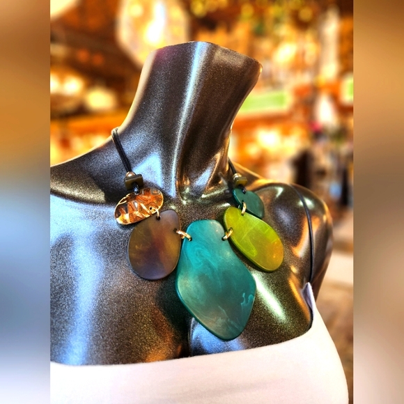 Green, Olive and Goldtone Statement Necklace with Earrings Set - Picture 2 of 15